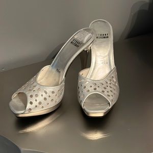 Stunning Stuart Weitzman High Silver Leather Mules - image 1